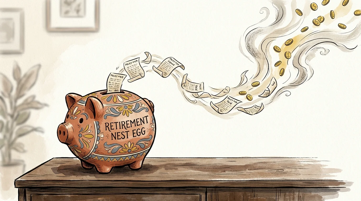Editorial gouache illustration of a piggy bank with paper documents floating away like smoke, carrying gold coins with them.