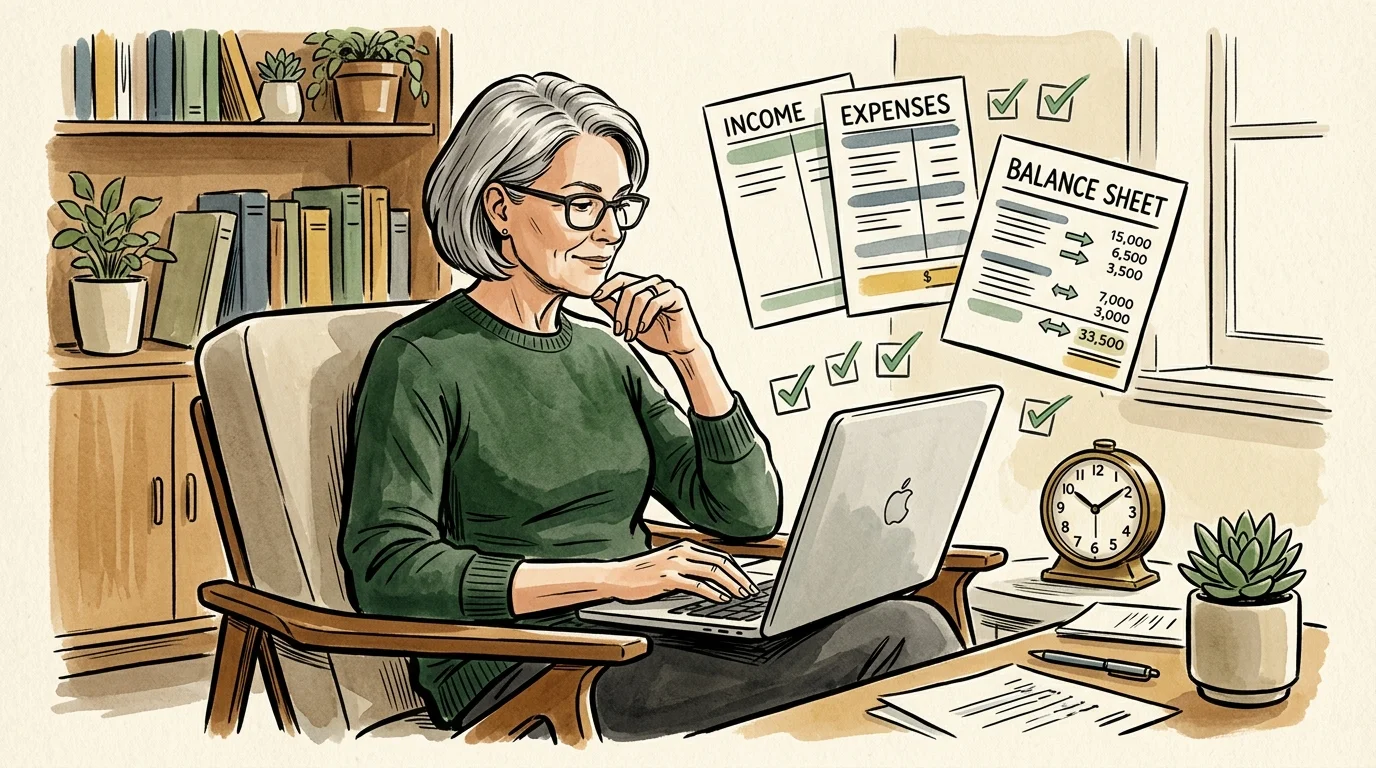 Illustration of an older woman using a laptop in an armchair surrounded by floating financial documents.
