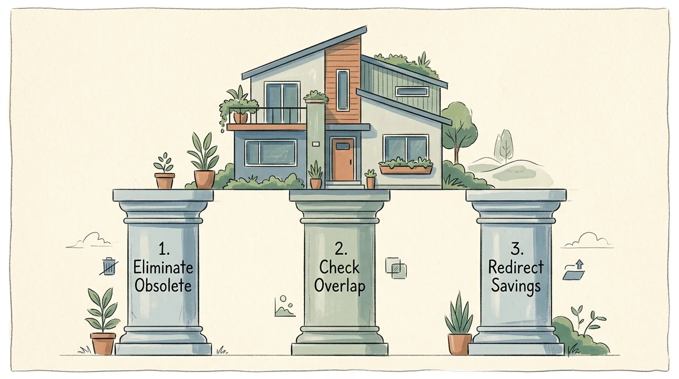 Editorial illustration of three stone pillars labeled 'Eliminate Obsolete', 'Check Overlap', and 'Redirect Savings' supporting a house.