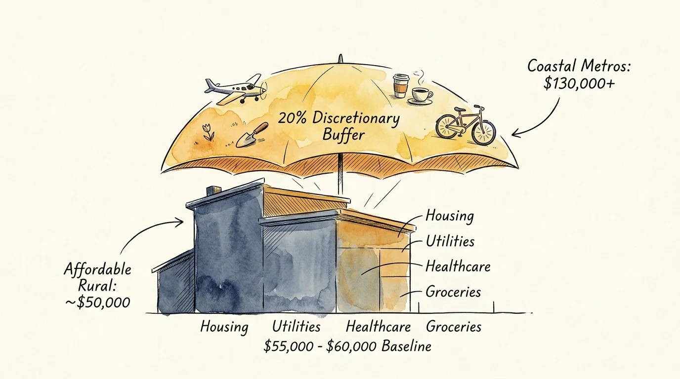 Illustration of a house shielded by a yellow umbrella labeled discretionary buffer above baseline retirement expenses.