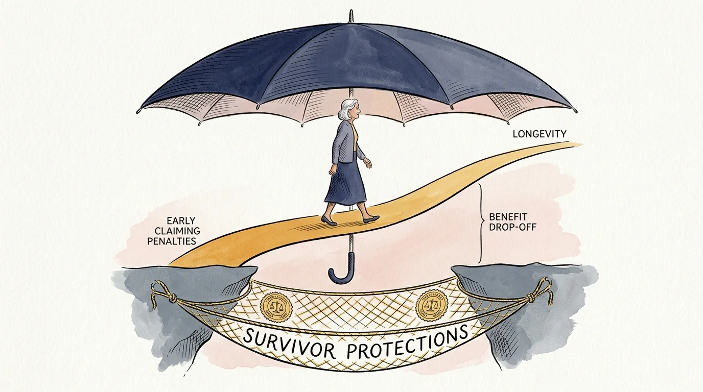 A woman walks along a narrow path under a large umbrella above a safety net labeled survivor protections.
