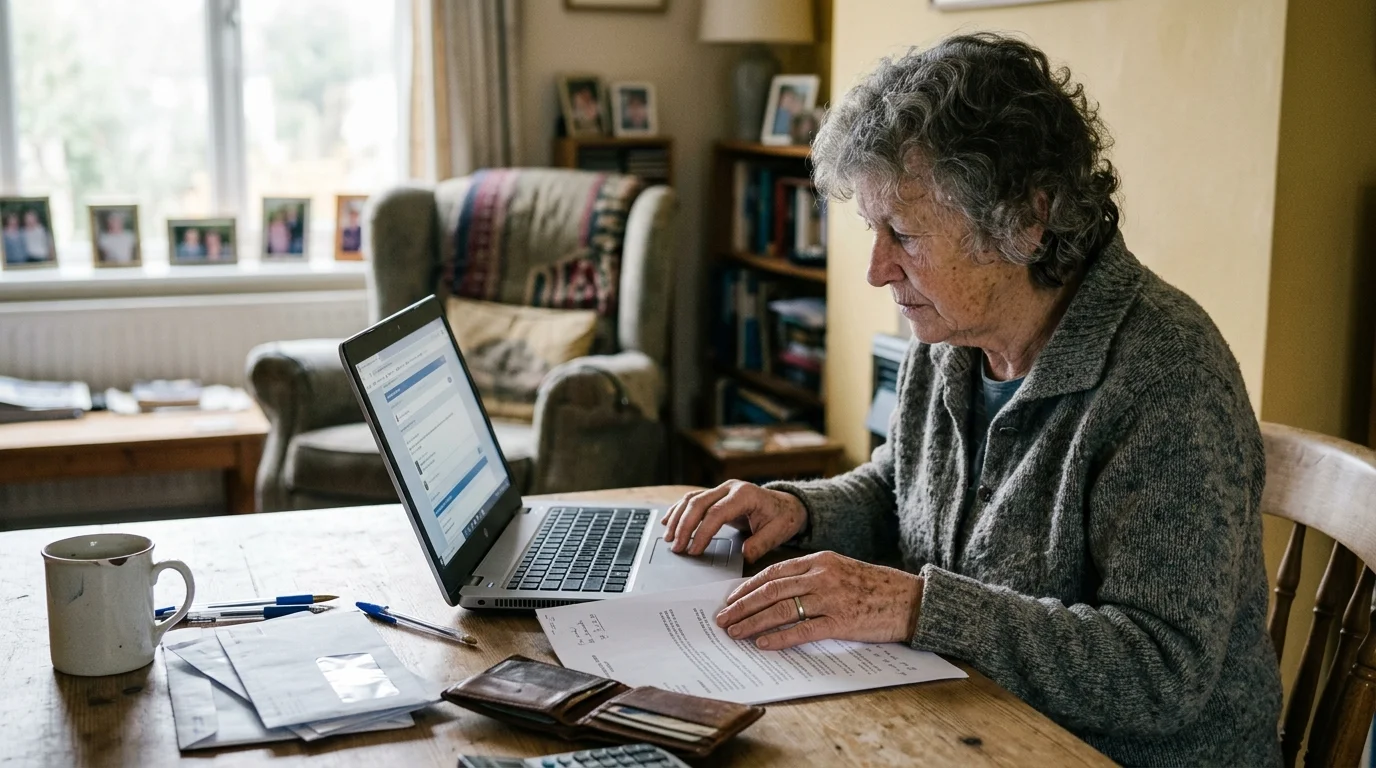 Older woman seated at a wooden table using a laptop beside documents, envelopes, and a wallet at home.