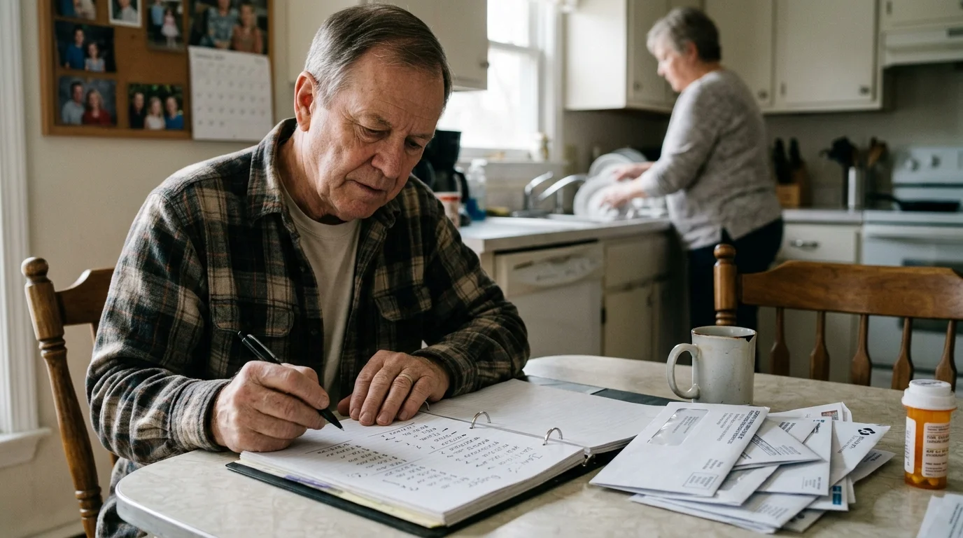 An older man writes in a binder with mail and a pill bottle on the kitchen table while a woman washes dishes.
