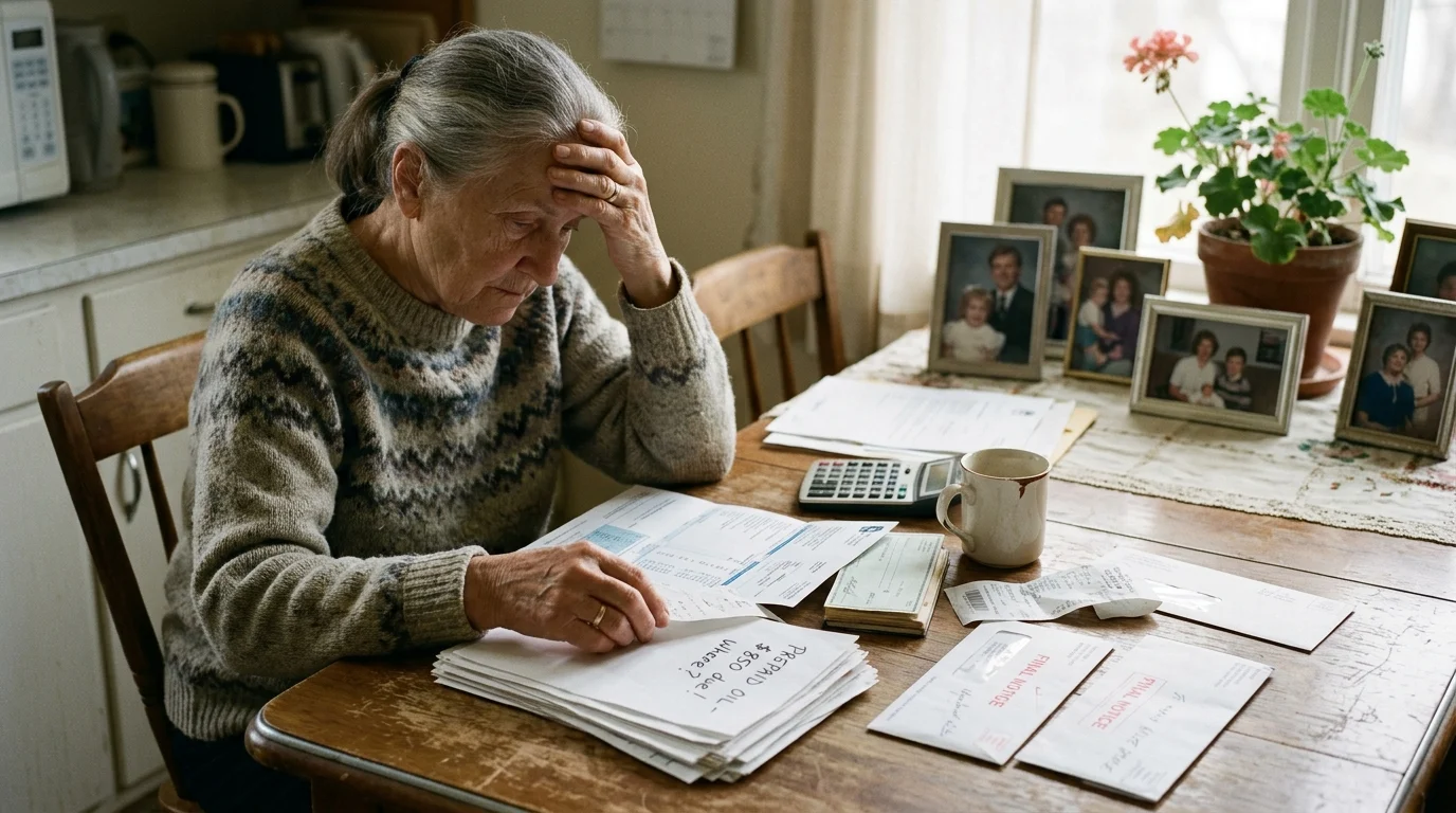 Senior woman sitting at a dining table holding her forehead while looking stressed over stacks of bills and receipts.