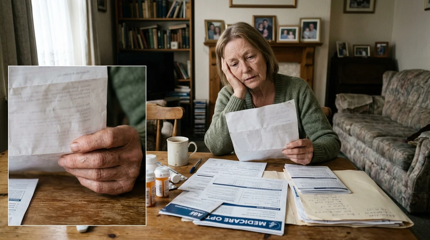 A senior woman looks worried while reading medical bills and Medicare documents at a wooden table.