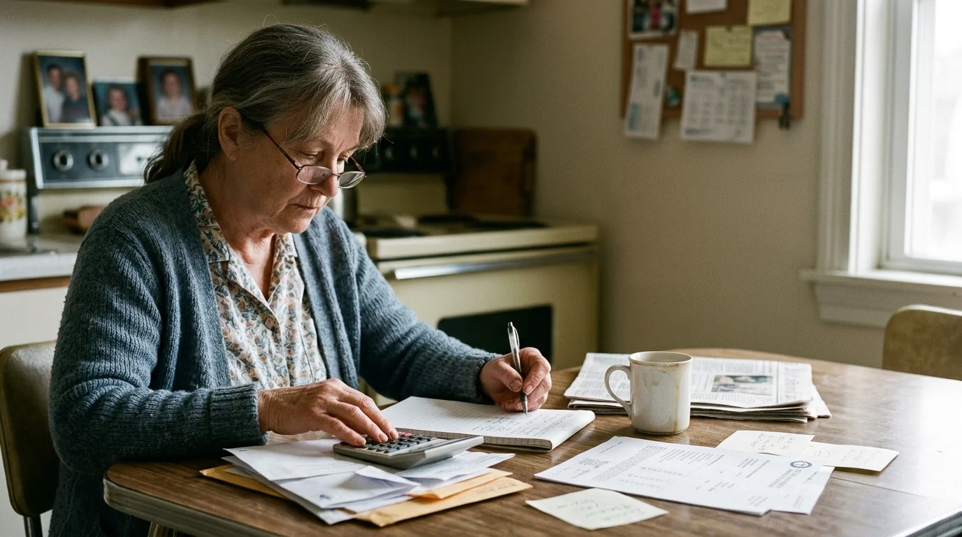 An older woman wearing glasses sits at a kitchen table writing in a notebook next to a calculator and bills.