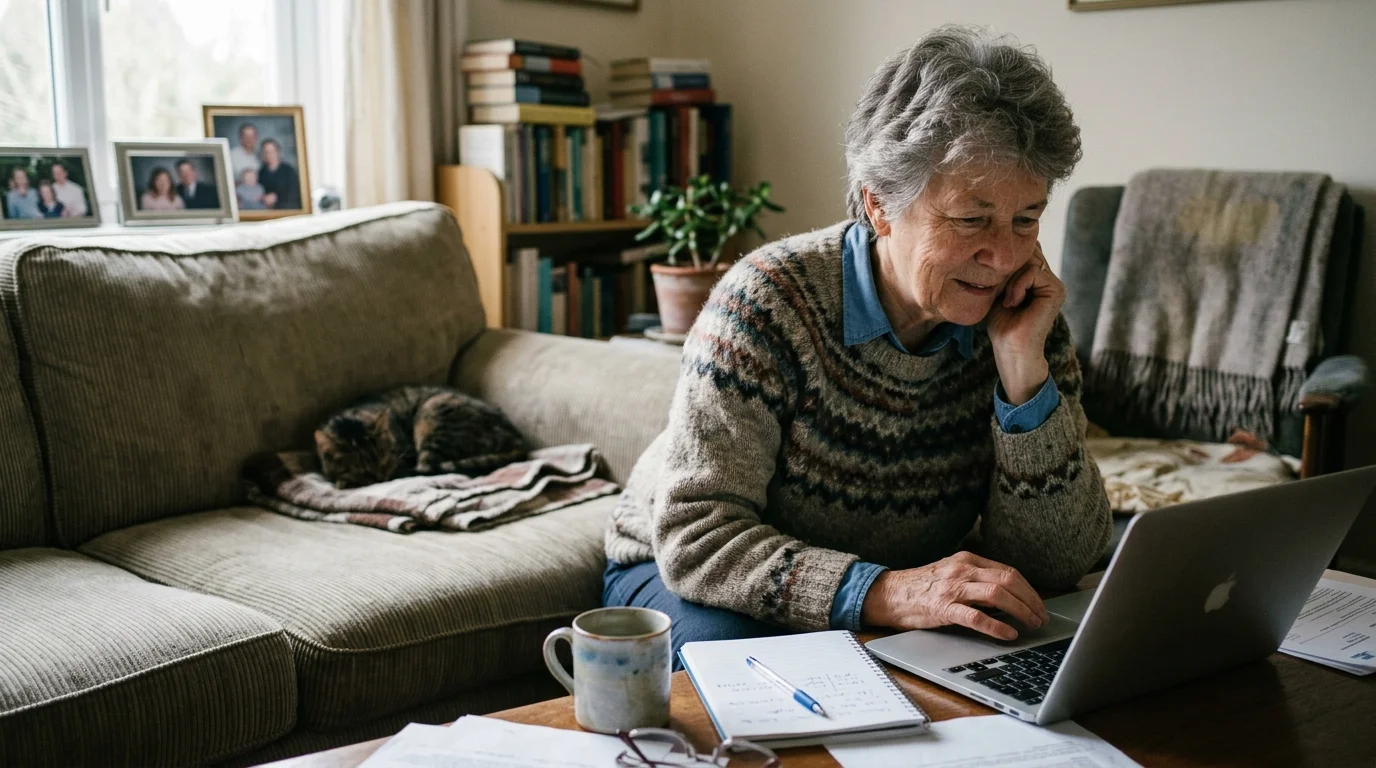 Senior woman working on a laptop at a coffee table in a living room with a cat sleeping on the couch nearby.
