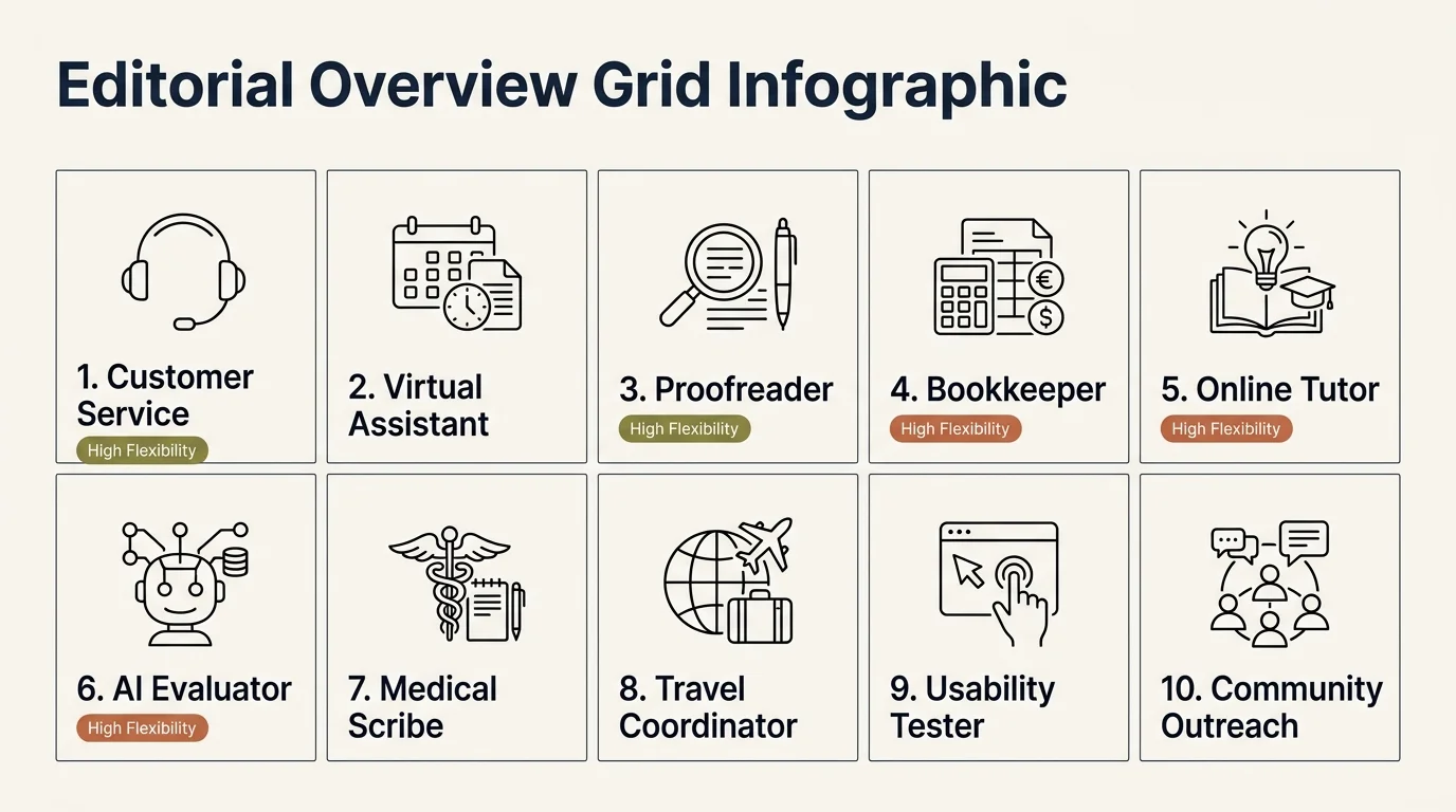 Grid infographic listing ten numbered remote jobs with line-art icons, including Customer Service, Proofreader, and Bookkeeper.