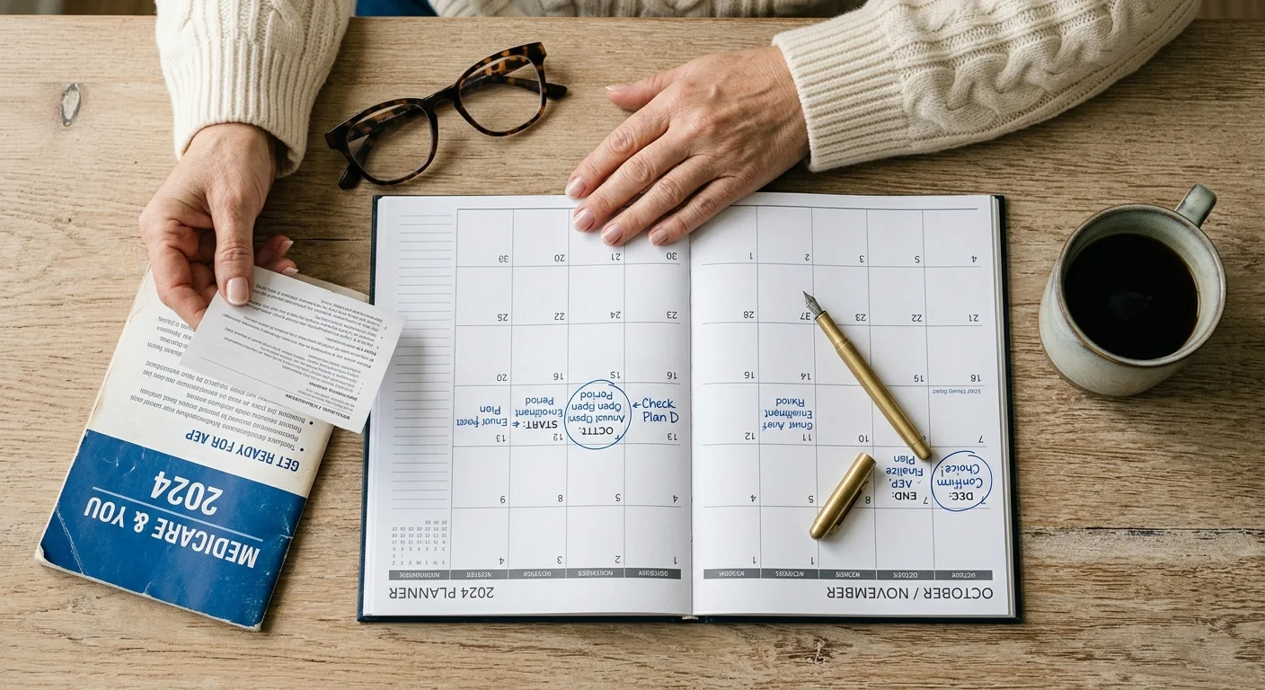 Hands reviewing an open calendar, Medicare and You booklet, pen, eyeglasses, and coffee cup on a wooden table.