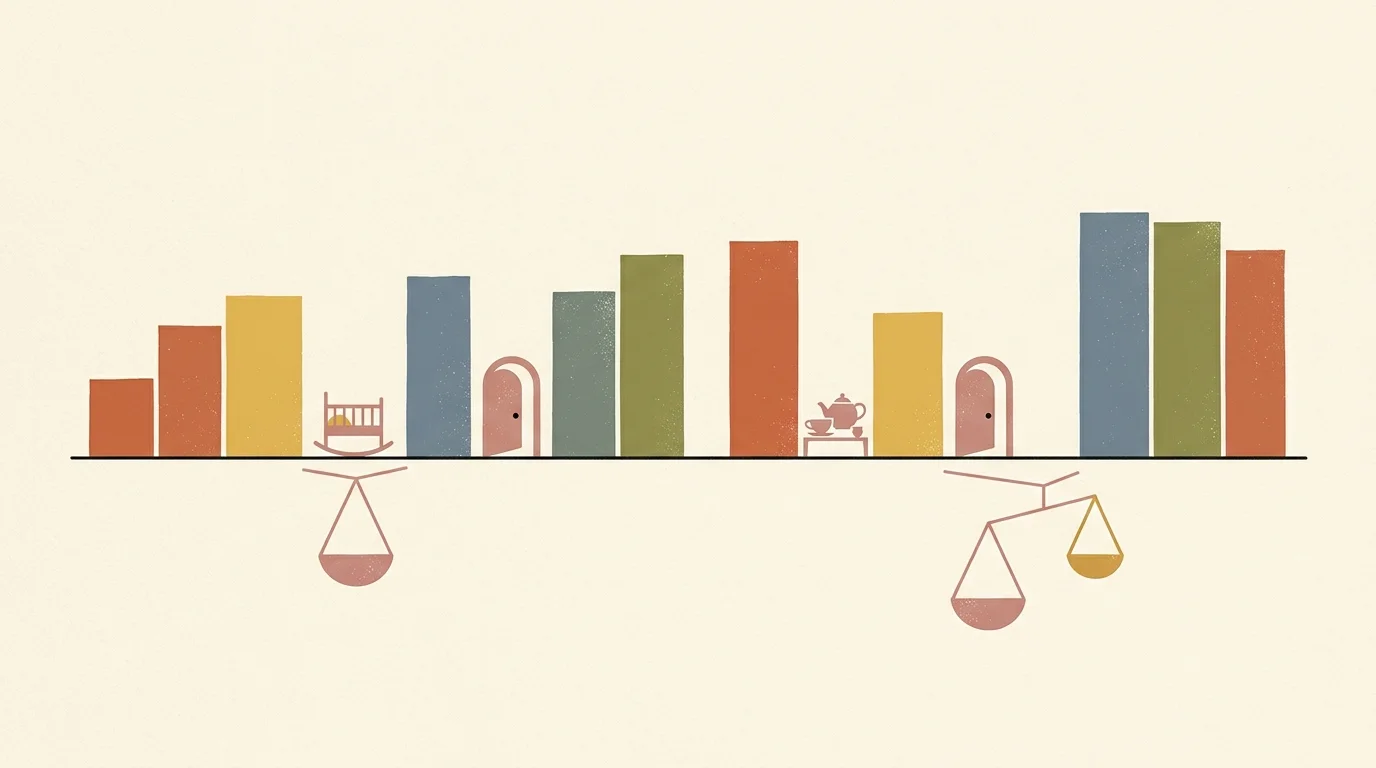 Illustration of bar charts interrupted by a crib, tea set, and doors, with balance scales hanging below the baseline.