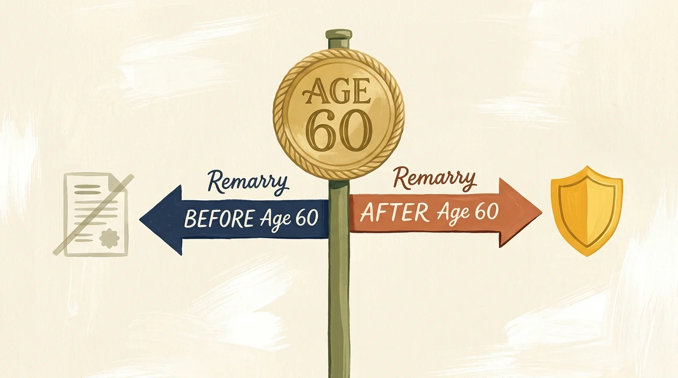Gouache illustration of a road sign labeled 'AGE 60' with arrows pointing to different outcomes for remarrying before or after 60.