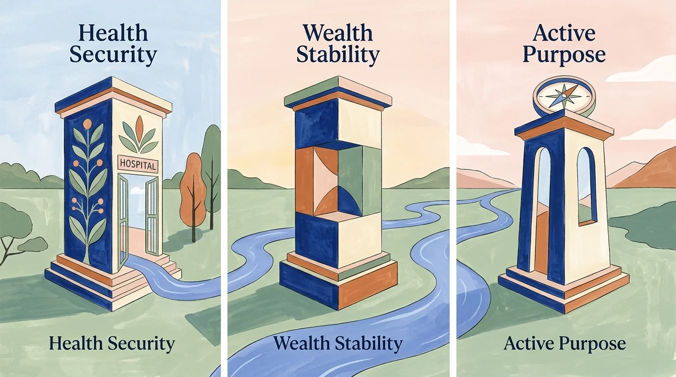 Three illustrated architectural pillars labeled Health Security, Wealth Stability, and Active Purpose in a landscape.