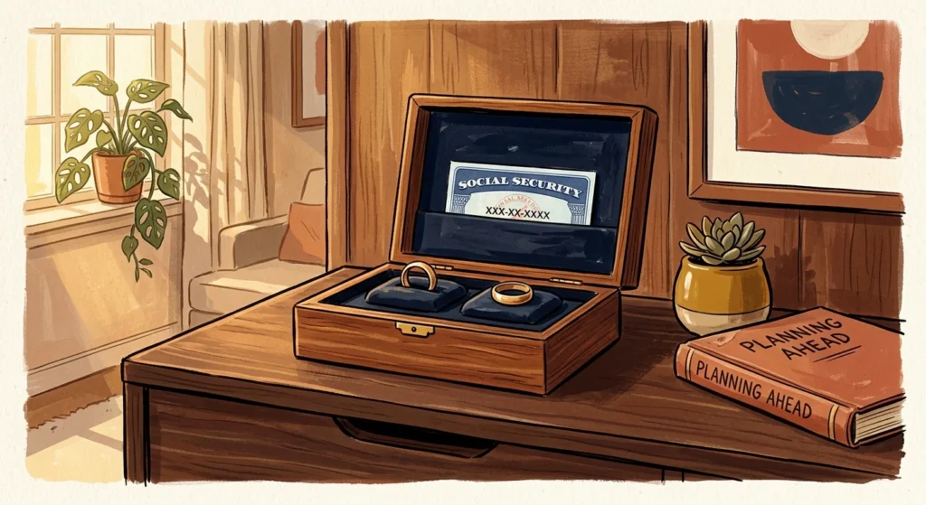 Gouache illustration of two gold wedding bands in a jewelry box next to a Social Security card, under warm morning sunlight.