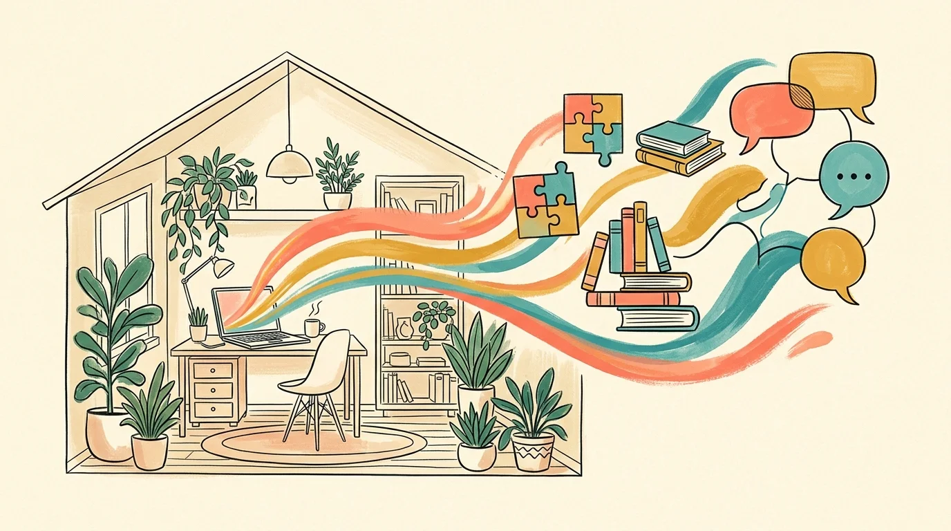 Illustration of a home office with colorful streams flowing from a laptop carrying books, puzzle pieces, and speech bubbles.