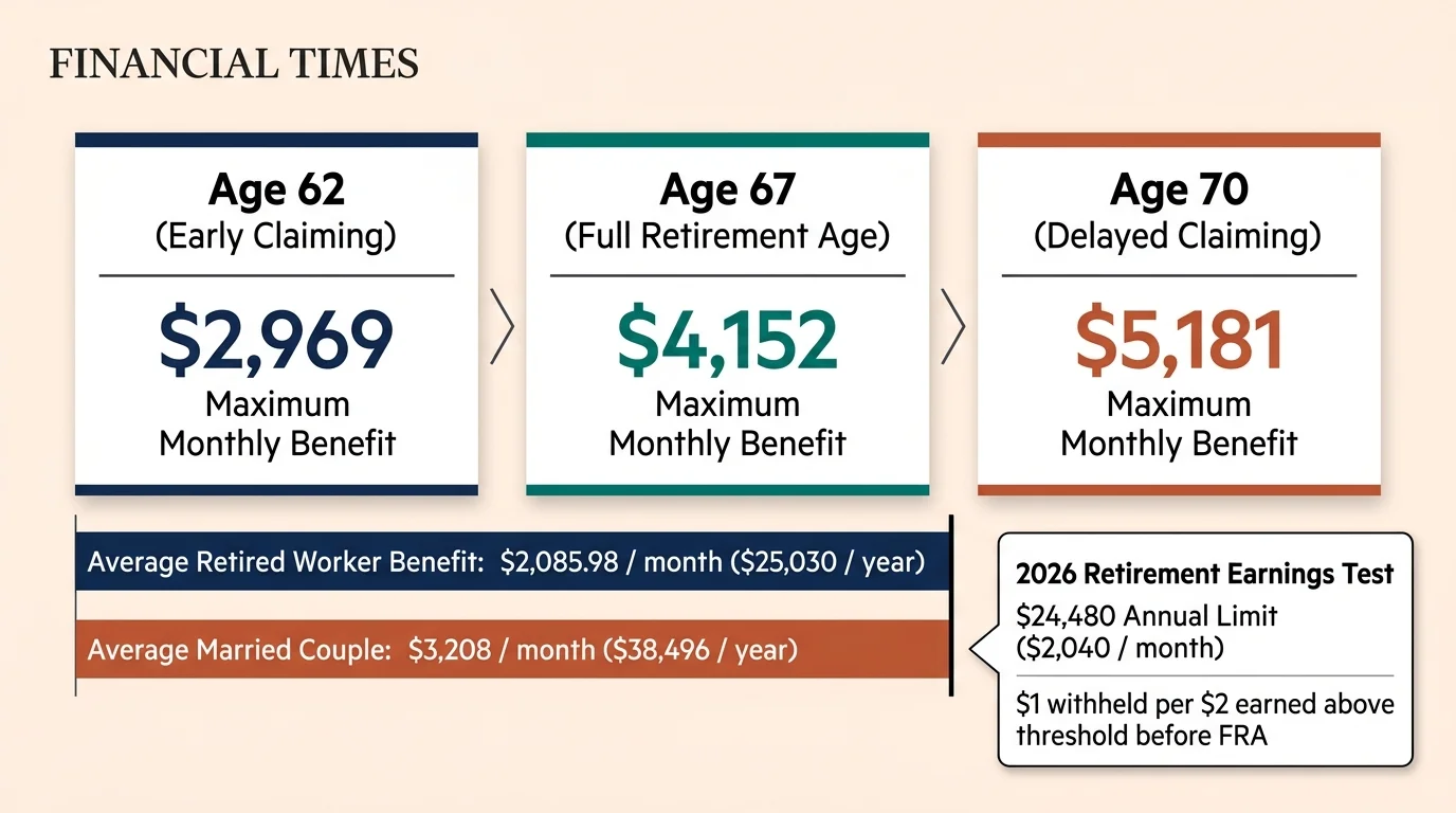 Diagram showing maximum Social Security monthly benefits by claiming age alongside average retired worker payouts.