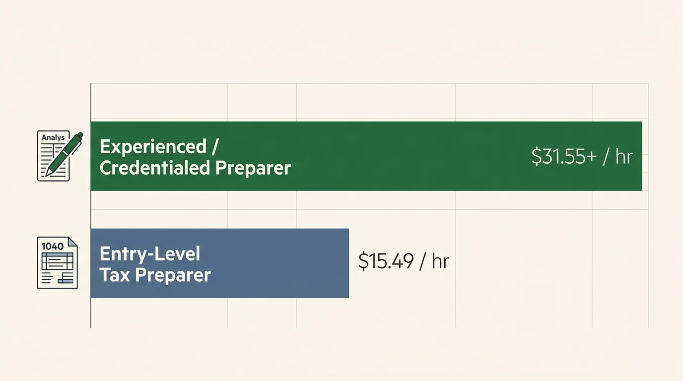 Horizontal bar chart comparing hourly pay for entry-level tax preparers at $15.49 against experienced preparers at $31.55+.