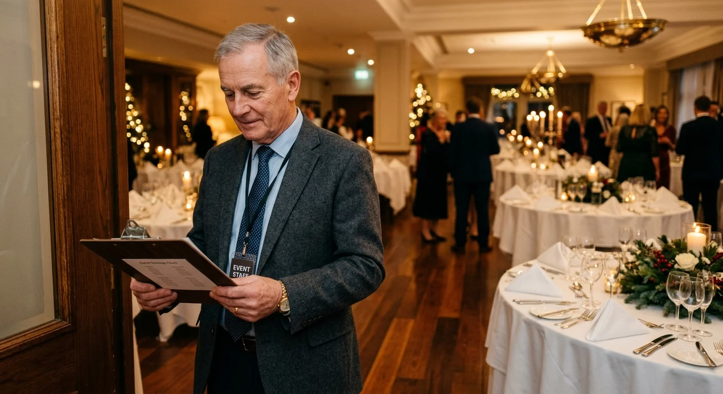 Older man wearing an event staff badge holding a clipboard in an elegant dining room set for a formal banquet.