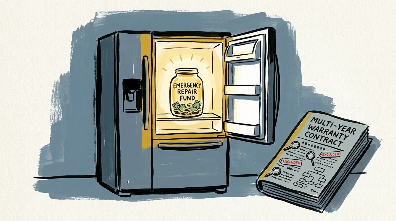 Open refrigerator holding a glowing emergency repair fund jar next to a multi-year warranty contract booklet.