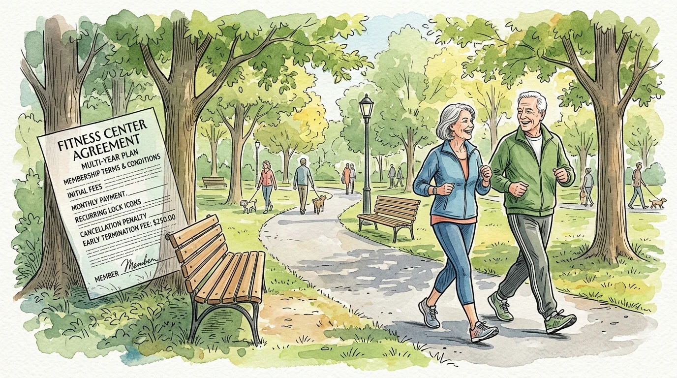An older couple jogs along a park path past a large multi-year fitness center agreement sign next to a park bench.