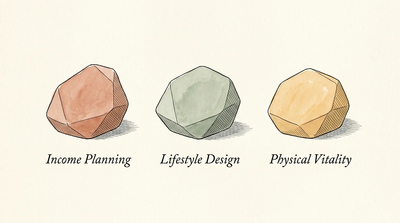 Ink and watercolor editorial illustration of three balanced stone blocks labeled Income Planning, Lifestyle Design, and Physical Vitality.
