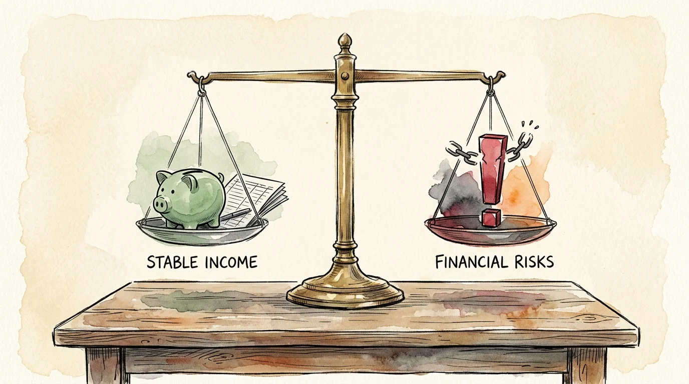 Ink and watercolor illustration of a balance scale weighing financial security against risk factors.