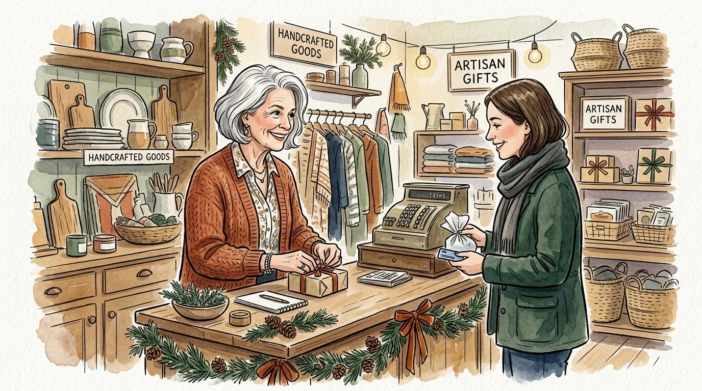 Watercolor illustration of a smiling older shopkeeper wrapping a gift at a checkout counter for a customer in a boutique.