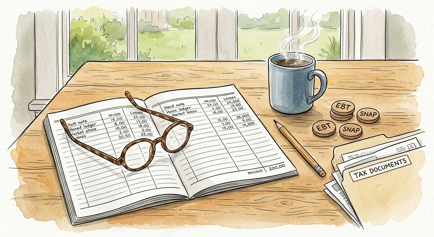Ink and watercolor illustration of a wooden tabletop with a warm cup of tea, reading glasses, a ledger, and wooden market tokens.