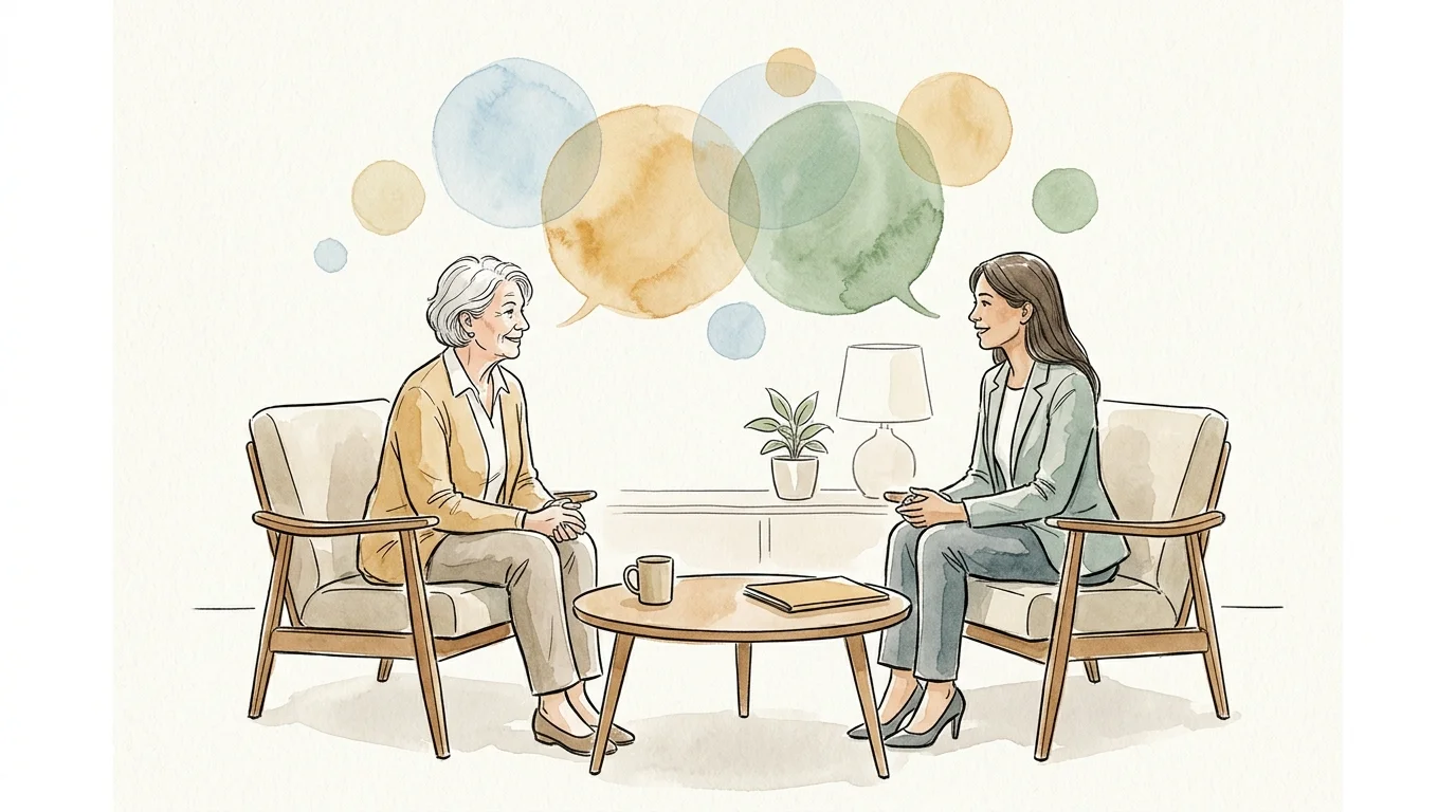 Ink and watercolor illustration of two people in armchairs engaged in a thoughtful conversation about phased retirement options.