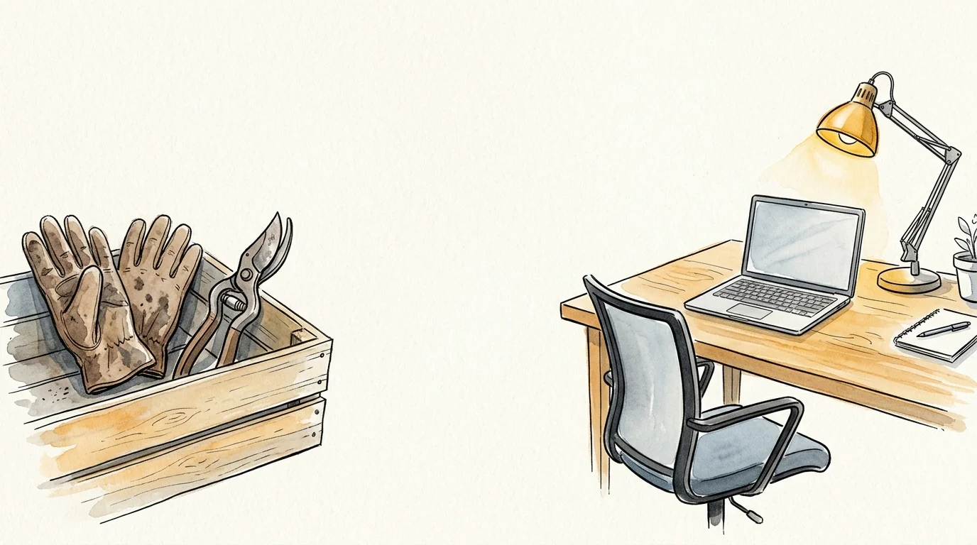 Ink and watercolor illustration showing a transition from physical work tools to a comfortable home office desk.