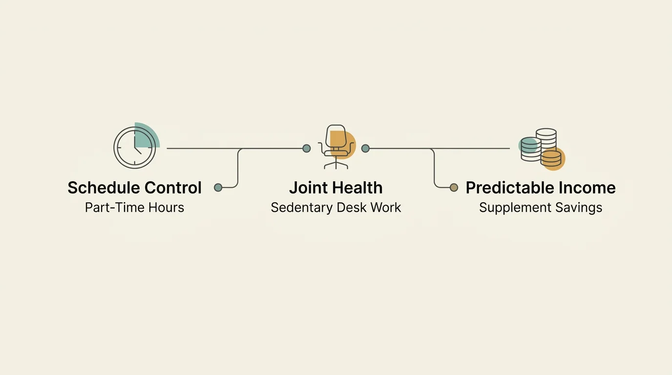Minimalist diagram outlining three pillars of phased retirement: Schedule Control, Joint Health, and Predictable Income.