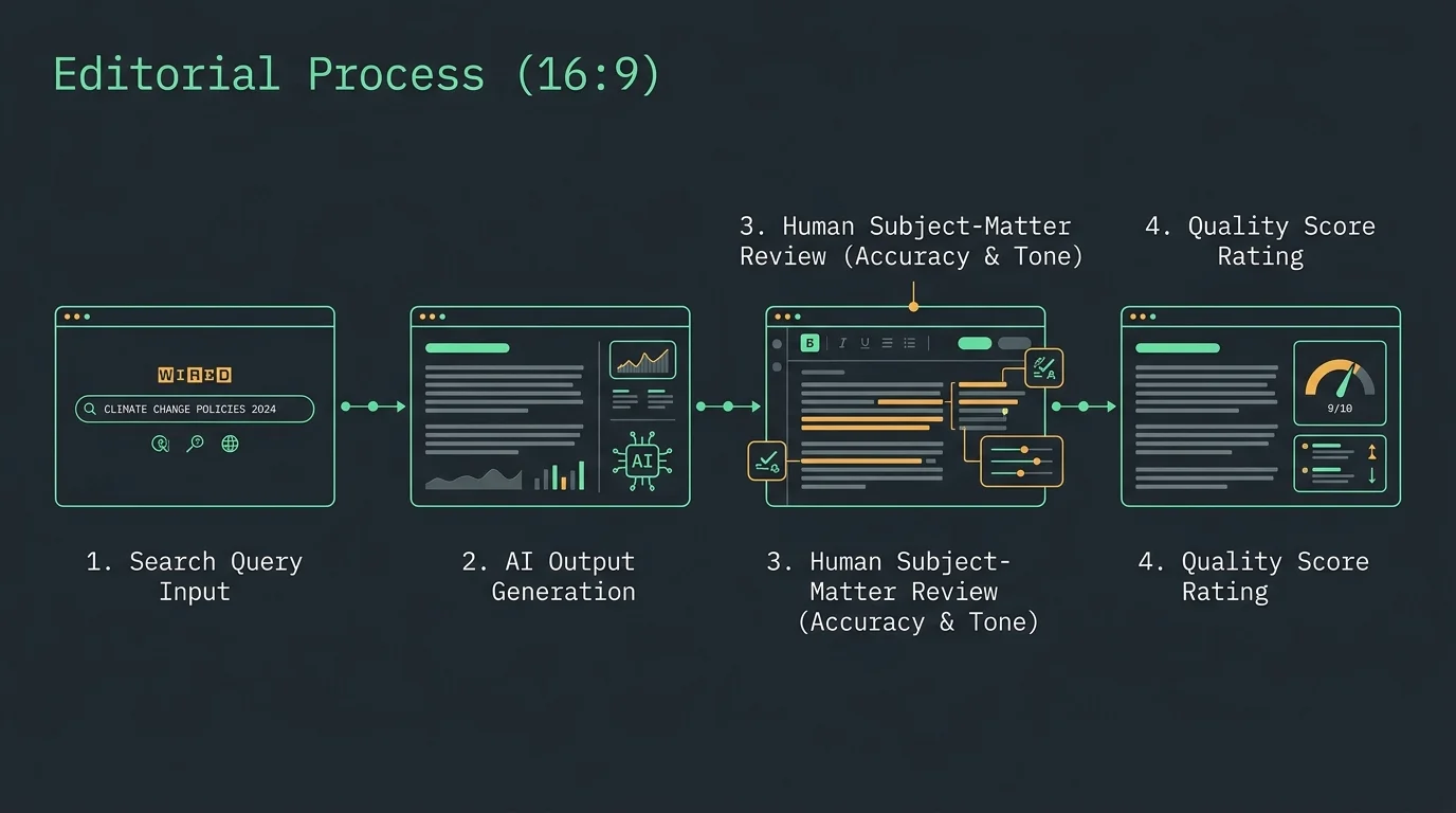 Four-step diagram showing search input, AI generation, human accuracy and tone review, and quality score rating.