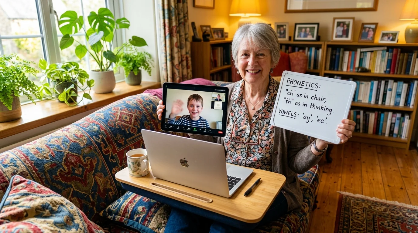 Smiling woman on a couch holding a tablet displaying a video call with a child and a whiteboard with phonetics notes.