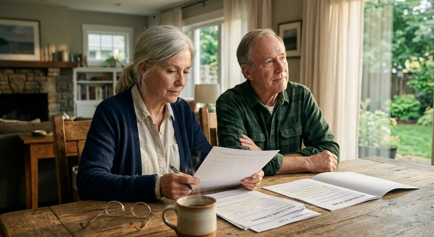 A senior couple sits at a wooden table reviewing healthcare paperwork next to a coffee mug and eyeglasses.