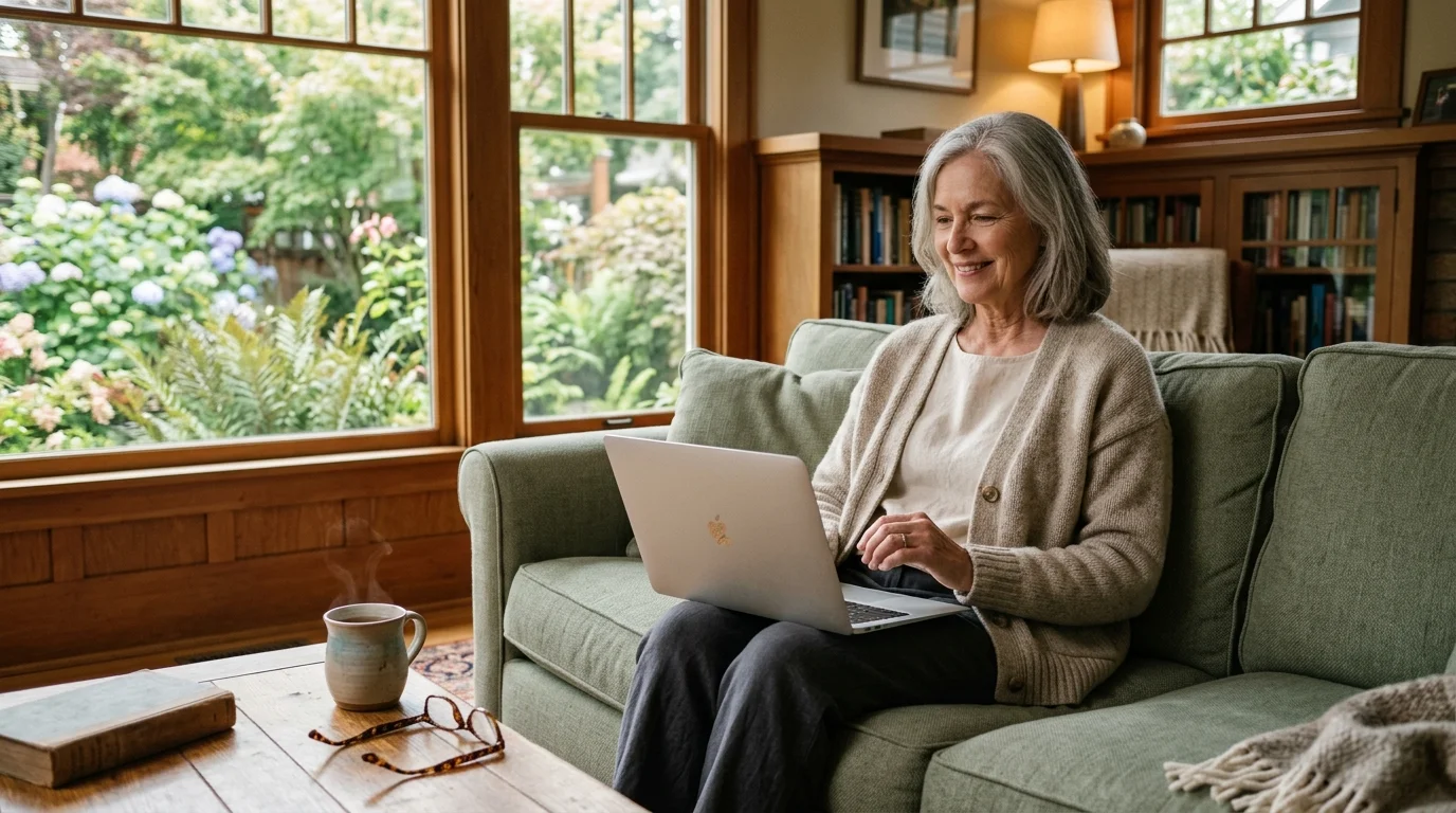 Smiling senior woman sitting on a green couch in a cozy living room, typing on a laptop with a steaming mug nearby.