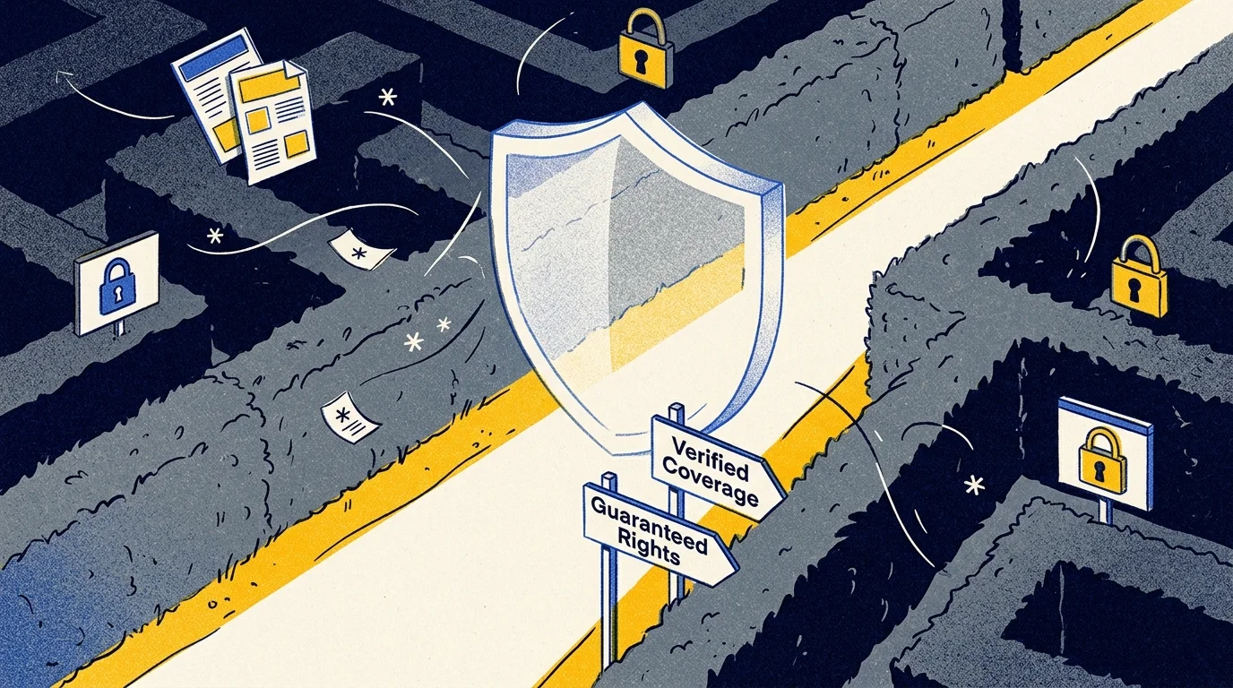 Illustration of a clear path through a hedge maze with a glass shield, directional signs, and padlocks.