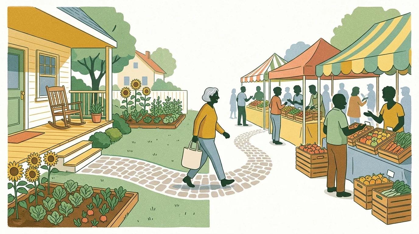 Risograph illustration of an older adult walking a scenic path connecting a cozy home porch to a vibrant farmers market stall.
