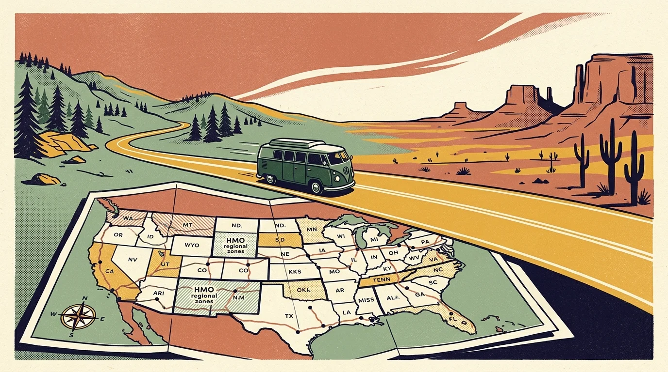 Illustration of a green camper van driving along a desert highway beside a US map showing HMO regional zones.