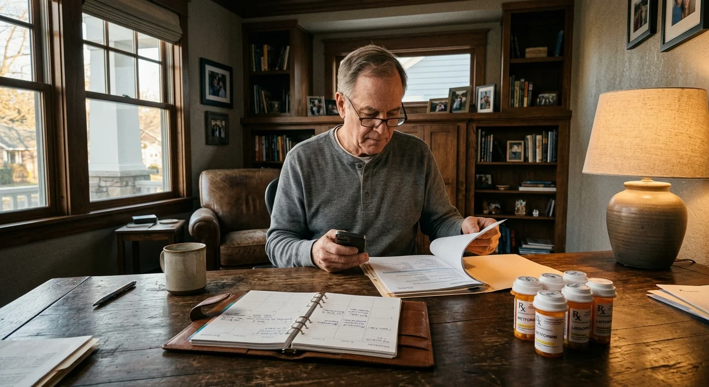 A man sitting at a wooden desk reviews paperwork next to several prescription pill bottles and an open planner.