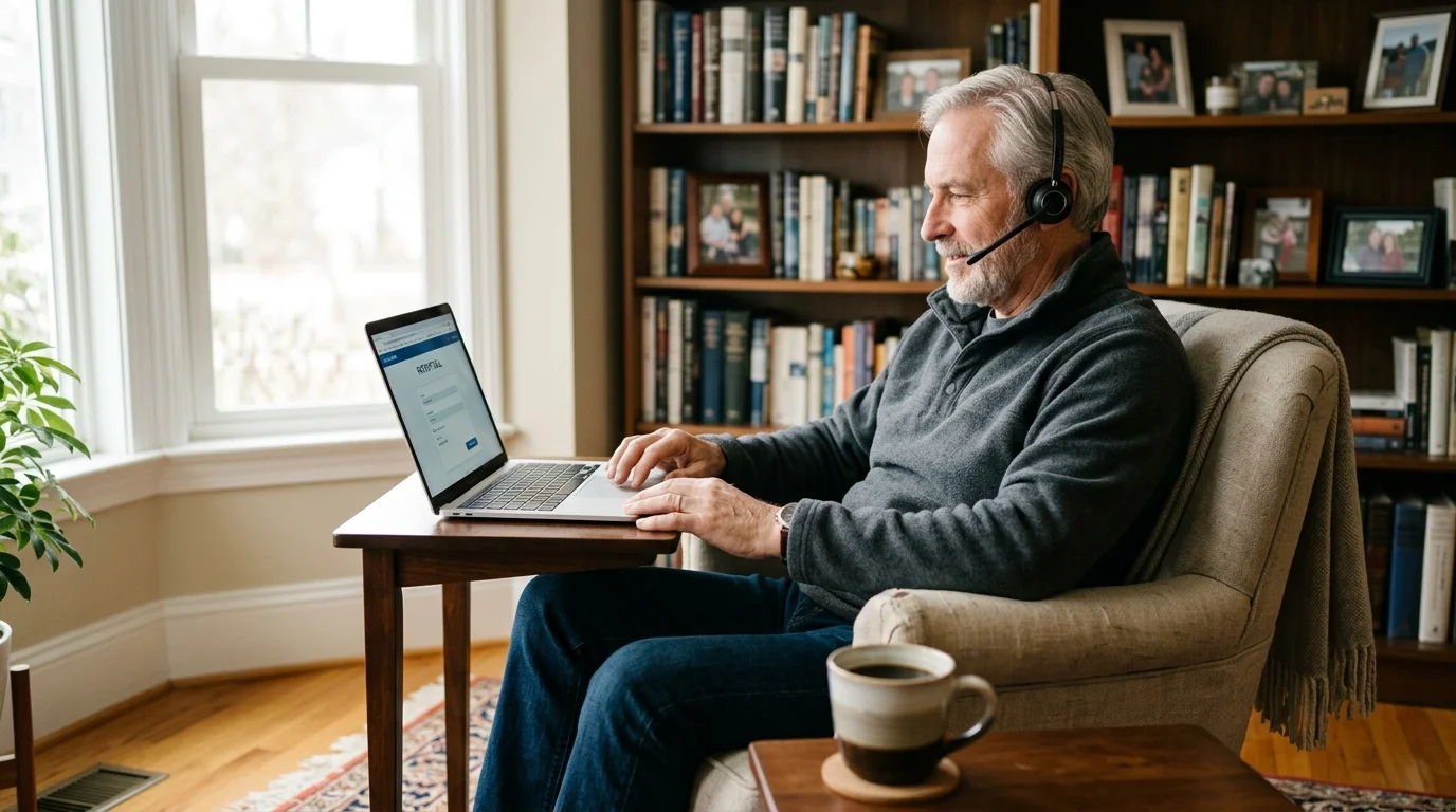 A senior man wearing a headset types on a laptop while seated in an armchair next to a bookshelf.