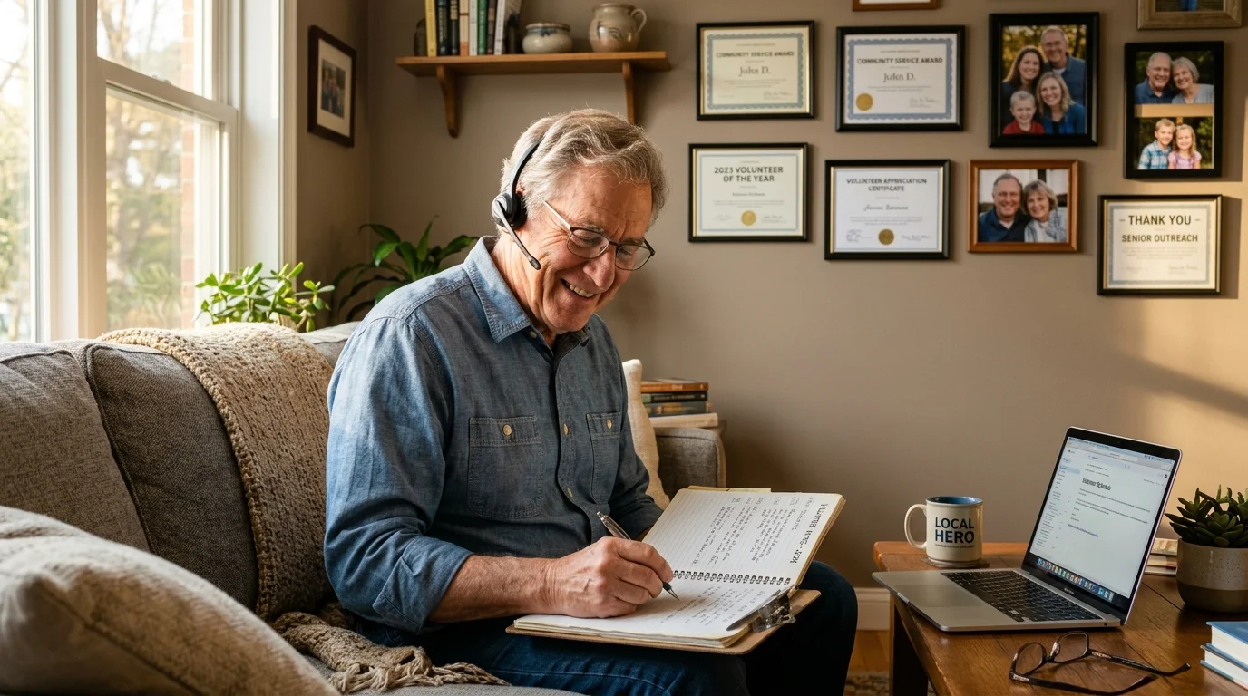 Senior man wearing a headset writes in a notebook while sitting on a sofa next to a laptop on a coffee table.