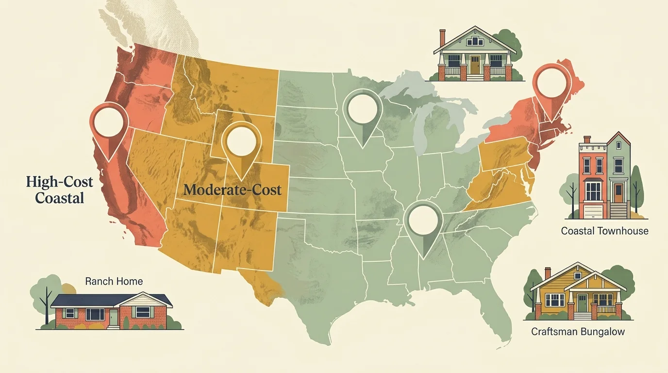 Illustrated US map divided into cost regions with map pins and house types like ranch home, townhouse, and bungalow.
