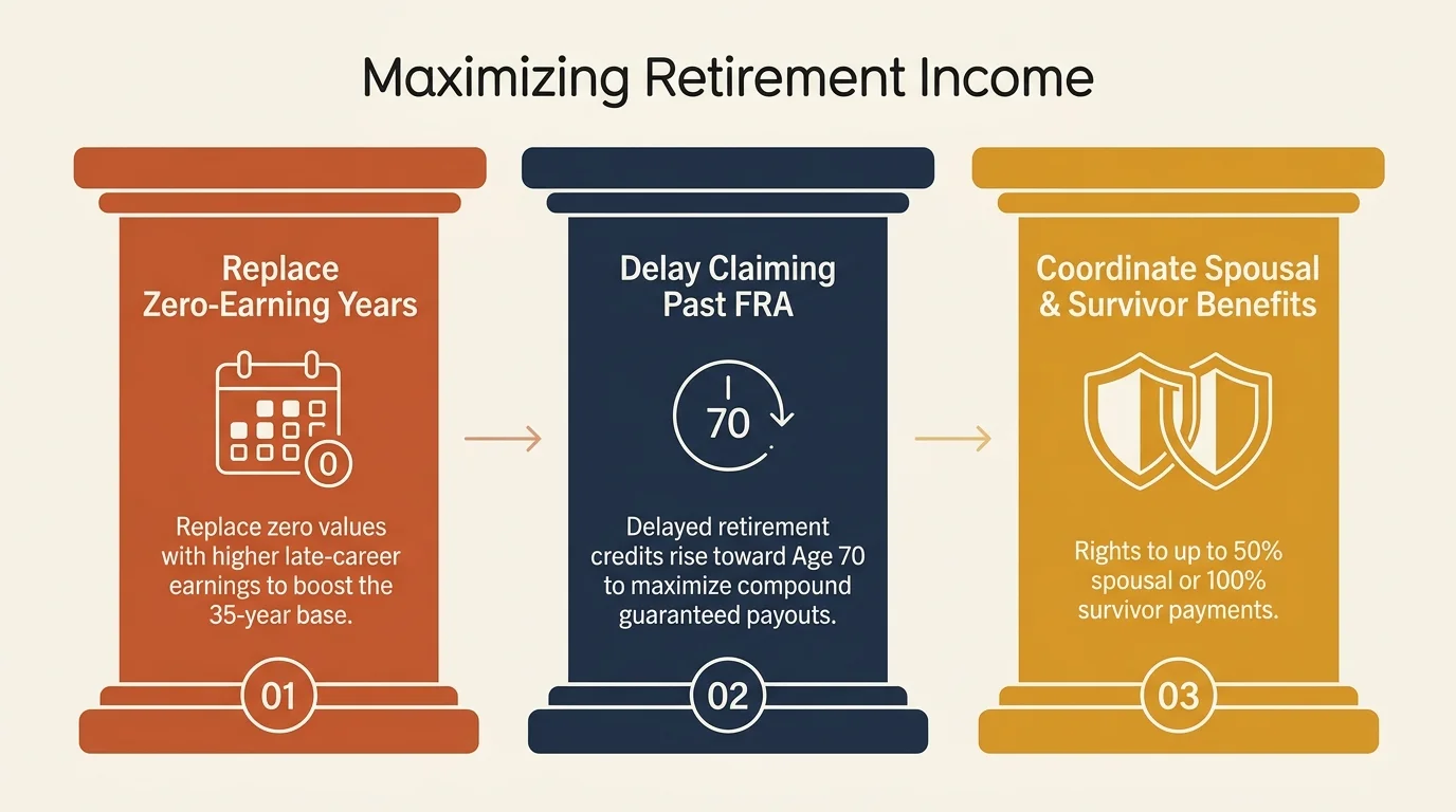 Diagram of three columns listing steps to replace zero-earning years, delay claiming, and coordinate spousal benefits.