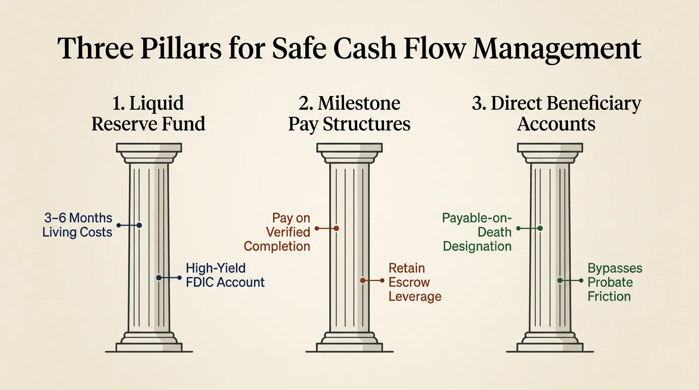Diagram of three classical pillars labeled Liquid Reserve Fund, Milestone Pay Structures, and Direct Beneficiary Accounts.