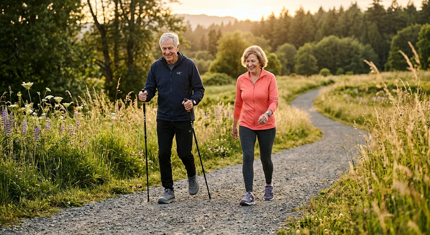Two seniors walking on a beautiful, gravel outdoor trail at sunset, with one using modern walking poles for balance.