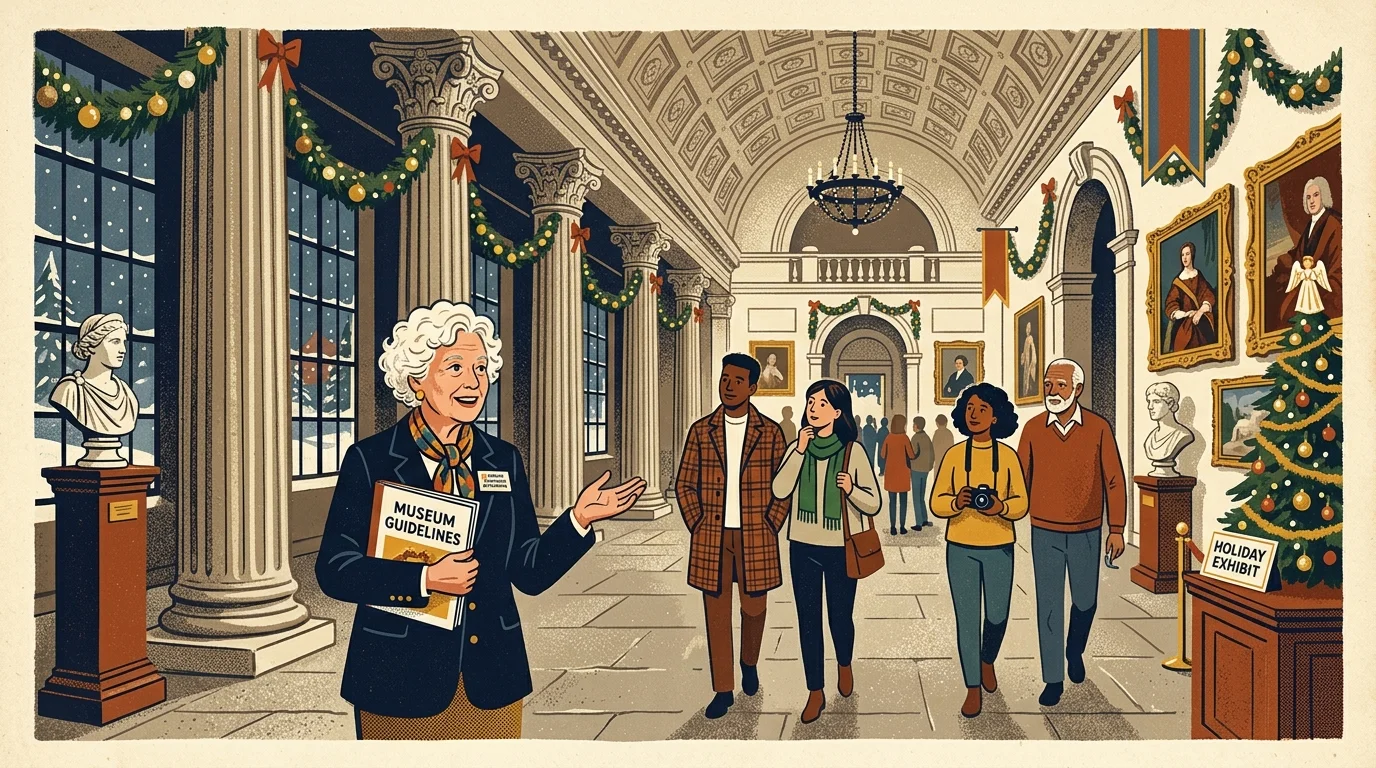 Illustration of a senior docent holding a museum guide while leading a diverse tour group through a decorated holiday hall.