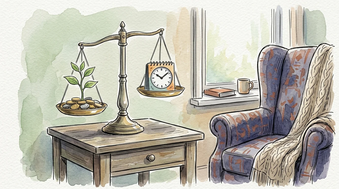 Watercolor illustration of a balance scale with a small plant in coins on one tray and a clock on the other.