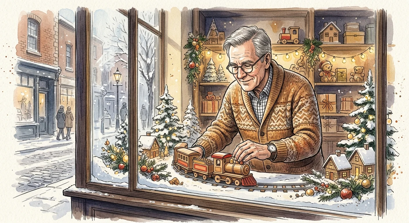 Watercolor illustration of a male retiree arranging a festive holiday window display with a wooden toy train.