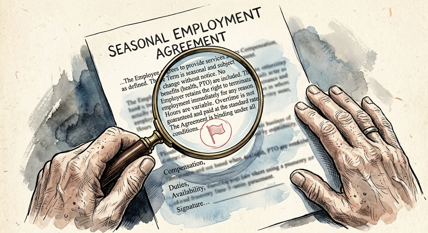 Watercolor illustration of a person inspecting a seasonal job agreement under a magnifying glass, symbolizing vigilance against scams.