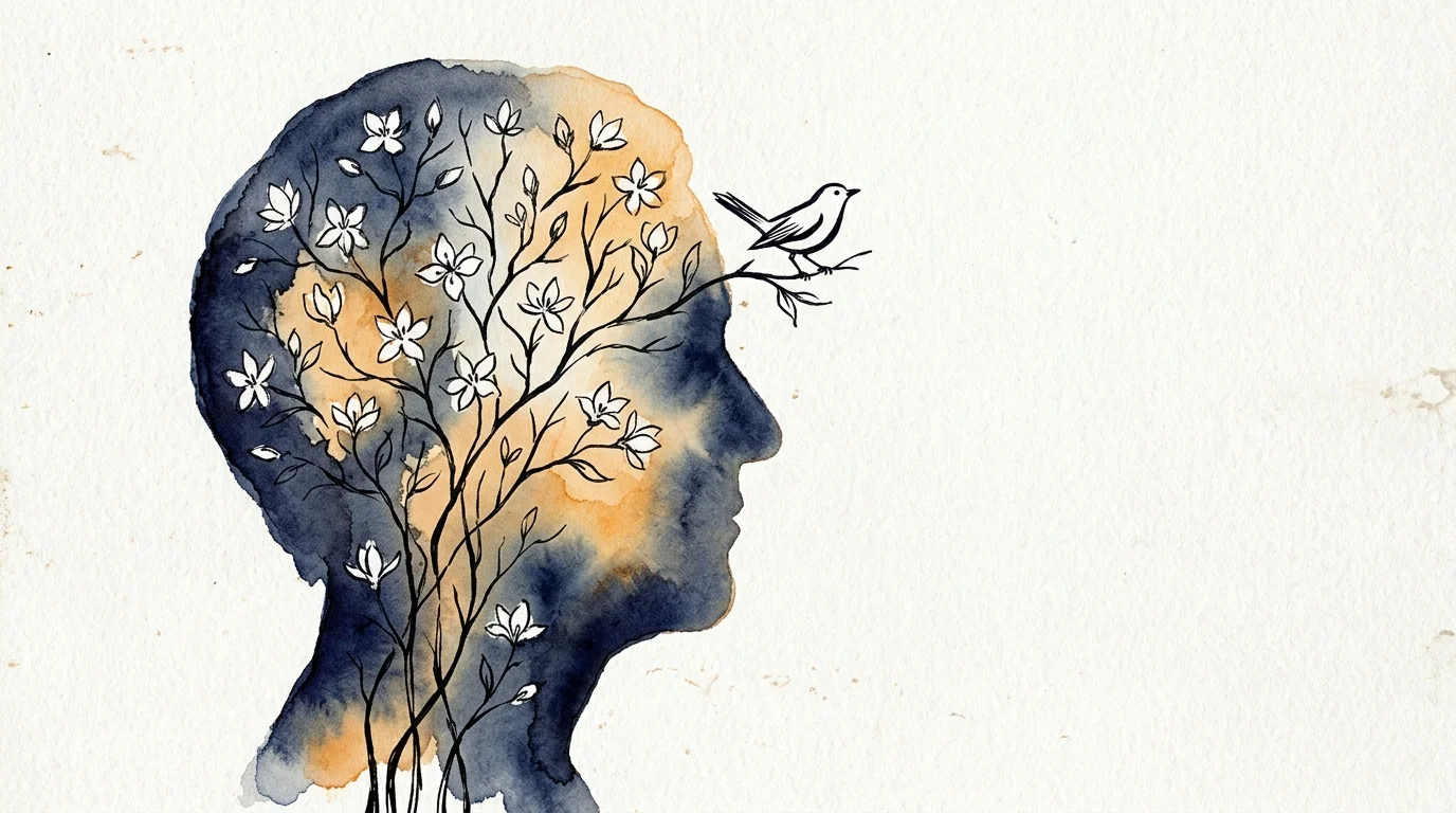 Watercolor illustration of a senior's profile silhouette filled with blossoming ink branches, symbolizing mental growth.