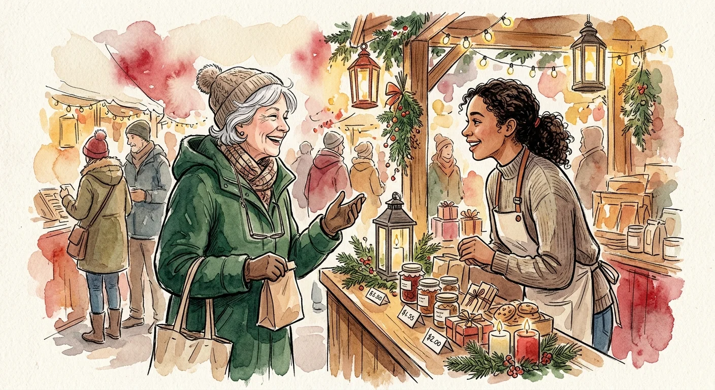 Watercolor illustration of an older adult chatting happily with a store clerk in a festive, cozy holiday market.